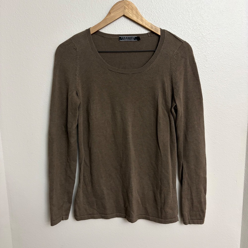 Peruvian Connection Sweater M Brown Pima Cotton Tencel Scoop Neck Quiet Luxury